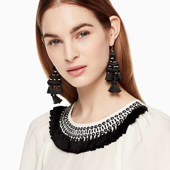 KATE SPADE Sequin Tassel Silk Top In Cream - Picture 2 of 7